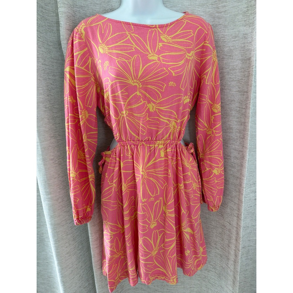 Pink and Yellow Floral Side Cut Out Long Sleeve Mini Dress Small